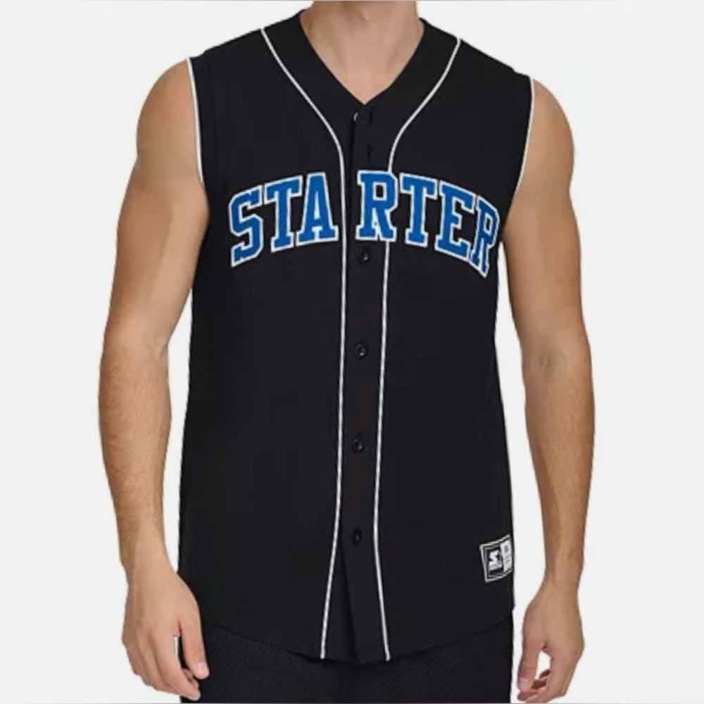 Starter Men's Logo Embroidered Sleeveless Button-Down Baseball Jersey Black- NWT - Picture 1 of 5